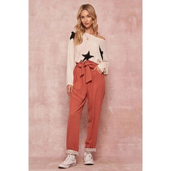 Promesa Pants - Promesa Womens Growing Wild Floral Cuff Belted Paperbag Pants Size Small Linen